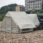 Inflatable Car Camping Tent with door and front window privacy panels closed beside an SUV