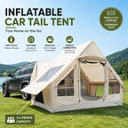 Inflatable Car Camping Tent in khaki connected to an SUV, with an open doorway and mesh windows