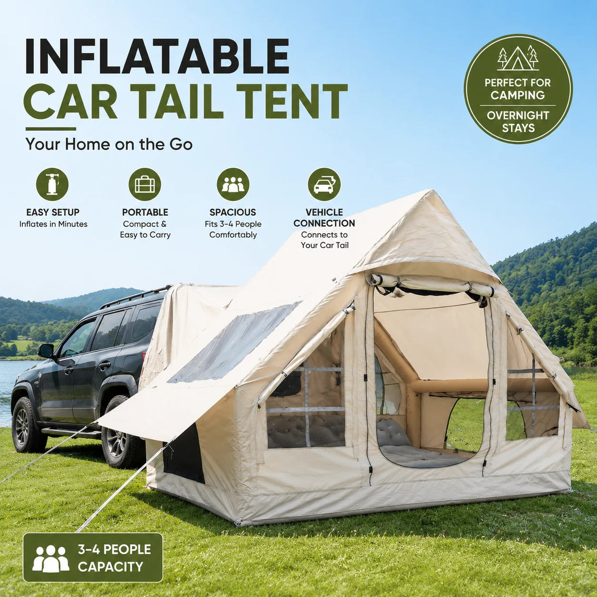 Inflatable Car Camping Tent in khaki connected to an SUV, with an open doorway and mesh windows