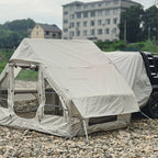 Inflatable Car Camping Tent close-up with open doorway and extended cover above the side mesh window