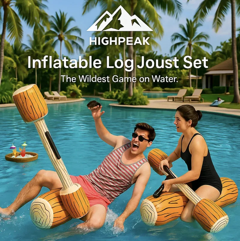 HighPeak Inflatable Log Joust Set with two adults battling on brown log floats in a sunny pool setting