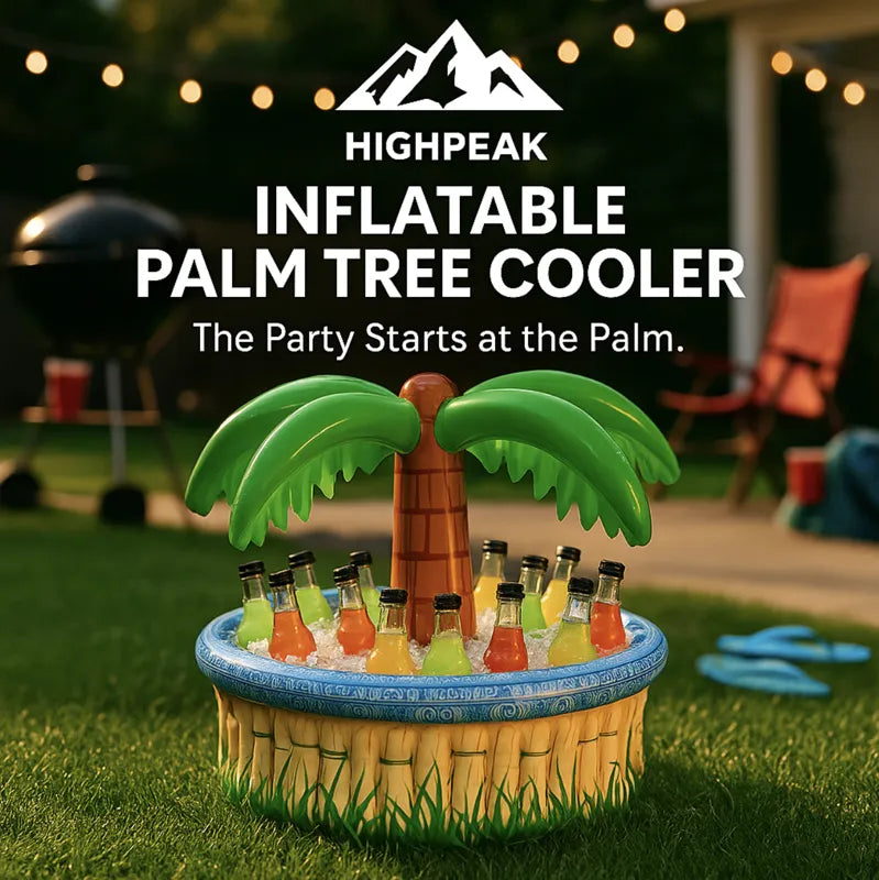 HighPeak Inflatable Palm Tree Cooler in tropical colors holding ice and drinks on grass at an outdoor party setting
