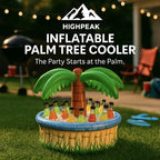 HighPeak Inflatable Palm Tree Cooler in tropical colors holding ice and drinks on grass at an outdoor party setting