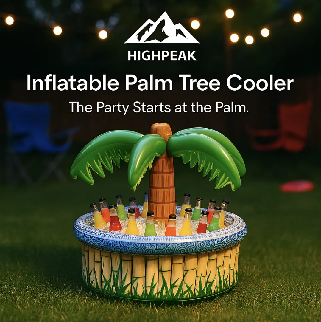 HighPeak Inflatable Palm Tree Cooler in green and tan holding assorted bottled drinks outdoors at dusk with string lights