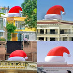 Giant Inflatable Santa Hat shown on multiple commercial rooftops
