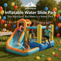 HighPeak Inflatable Water Slide Bounce Park in blue, yellow, and orange with kids playing in a backyard party setting