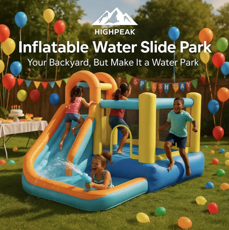 HighPeak Inflatable Water Slide Bounce Park in blue, yellow, and orange with kids playing in a backyard party setting