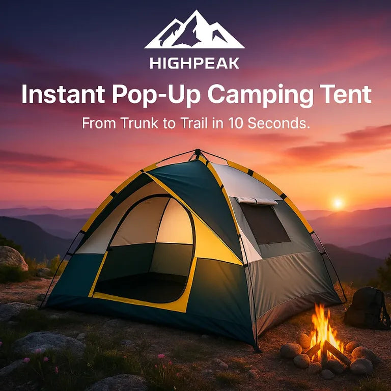 HighPeak Instant Pop-Up Camping Tent in green and yellow set up at sunset by a campfire in the mountains.
