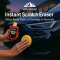 HighPeak Instant Scratch Eraser with hexibii scratch wax and applicator pad on black car hood at dusk