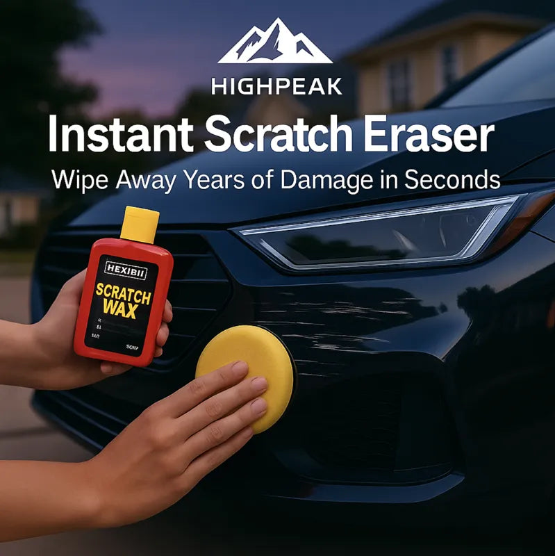 HighPeak Instant Scratch Eraser with hexibii scratch wax and applicator pad on black car hood at dusk