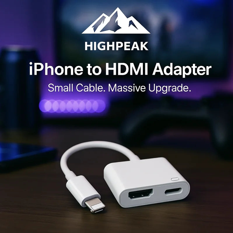 HighPeak iPhone to HDMI Adapter in white on wooden table with blurred TV and gaming setup background