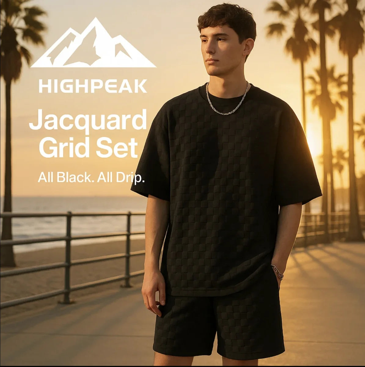 HighPeak Jacquard Grid Set in all black, featuring textured tee and shorts, modeled outdoors at sunset.