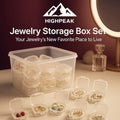 Jewelry storage box set with Highpeak branding on a table with jewelry displayed.