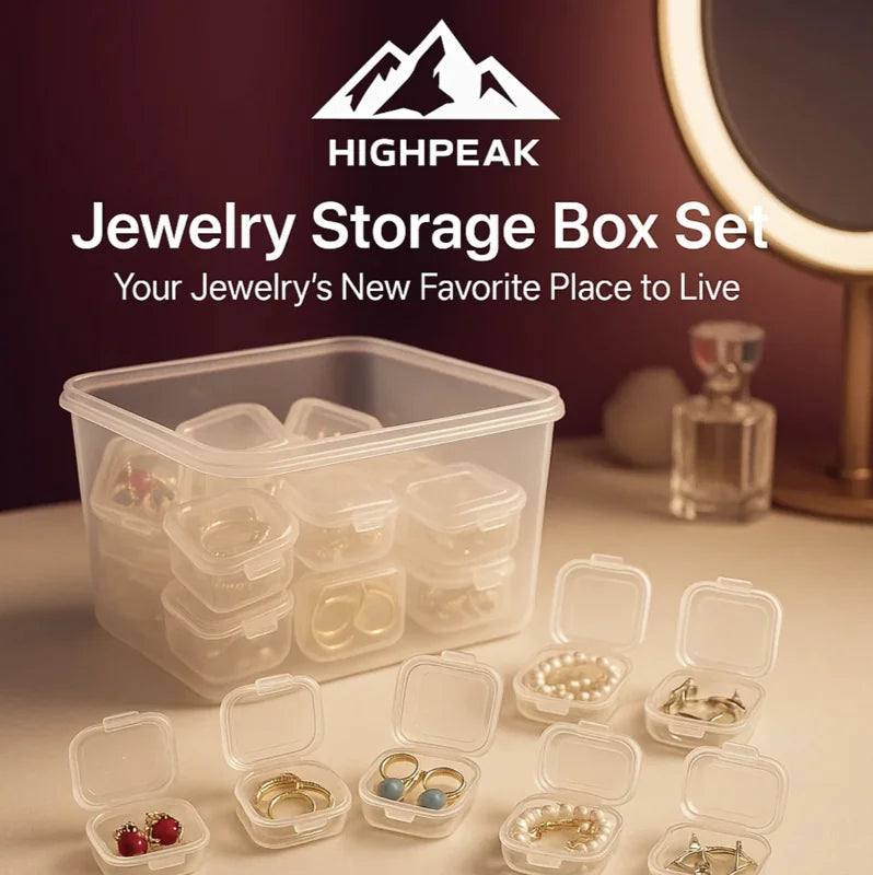 Jewelry storage box set with Highpeak branding on a table with jewelry displayed.