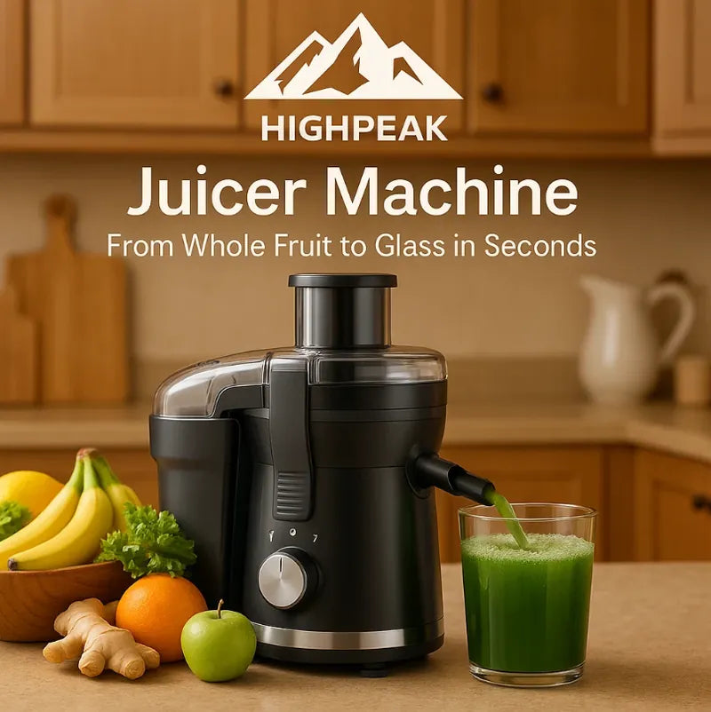 HighPeak Juicer Machine in black on kitchen counter juicing green vegetable juice into clear glass fast