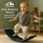HighPeak Kids Balance Board in navy with a toddler balancing indoors on a soft rug, promoting coordination and motor skills.
