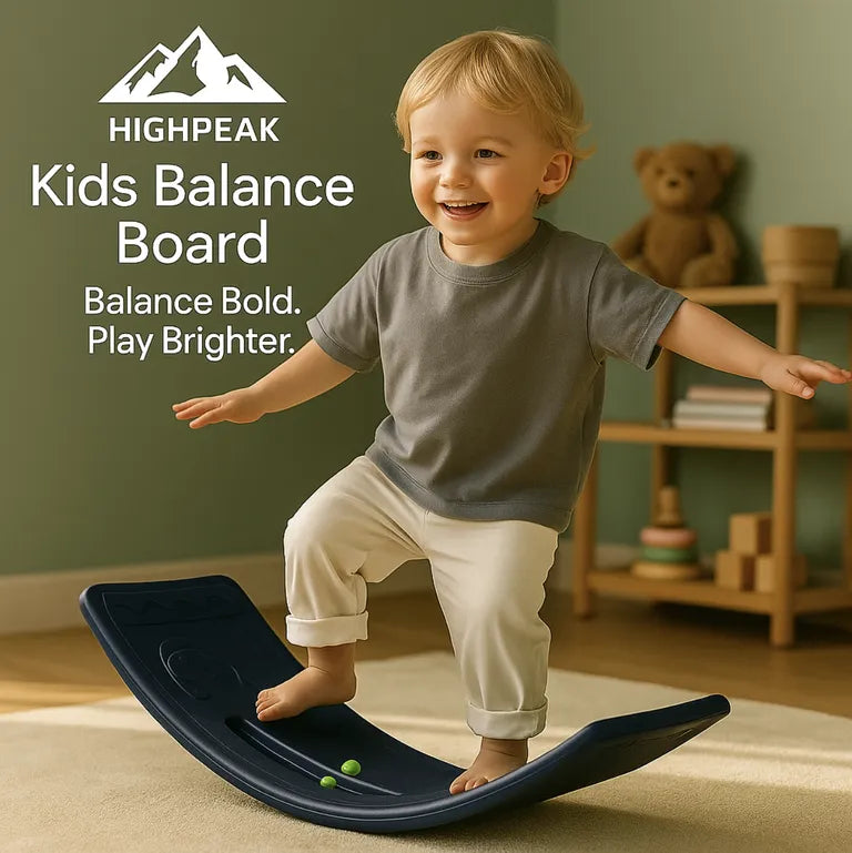HighPeak Kids Balance Board in navy with a toddler balancing indoors on a soft rug, promoting coordination and motor skills.