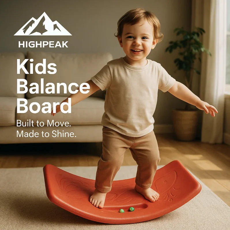 HighPeak Kids Balance Board in red with child balancing barefoot indoors on a rug in a bright living room