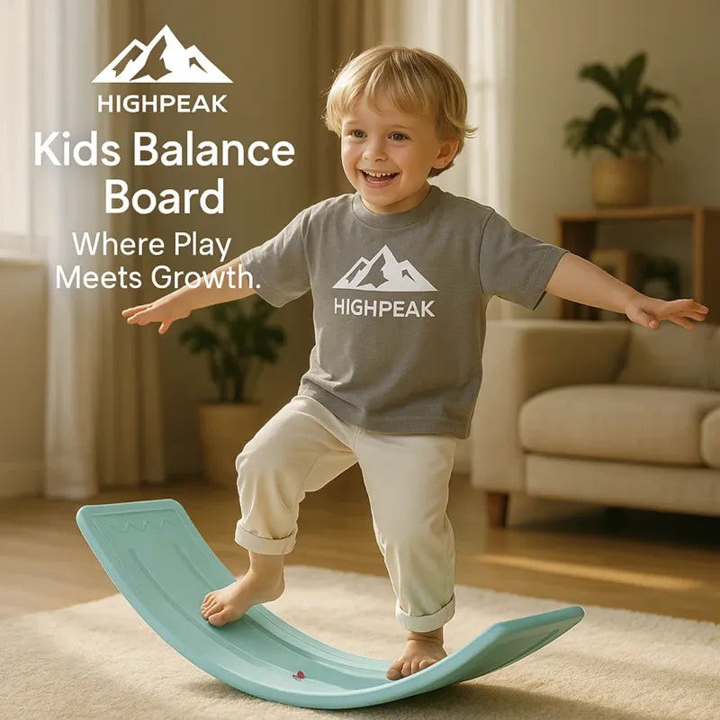 HighPeak Kids Balance Board in teal with a child balancing barefoot indoors on a soft rug in a cozy living room