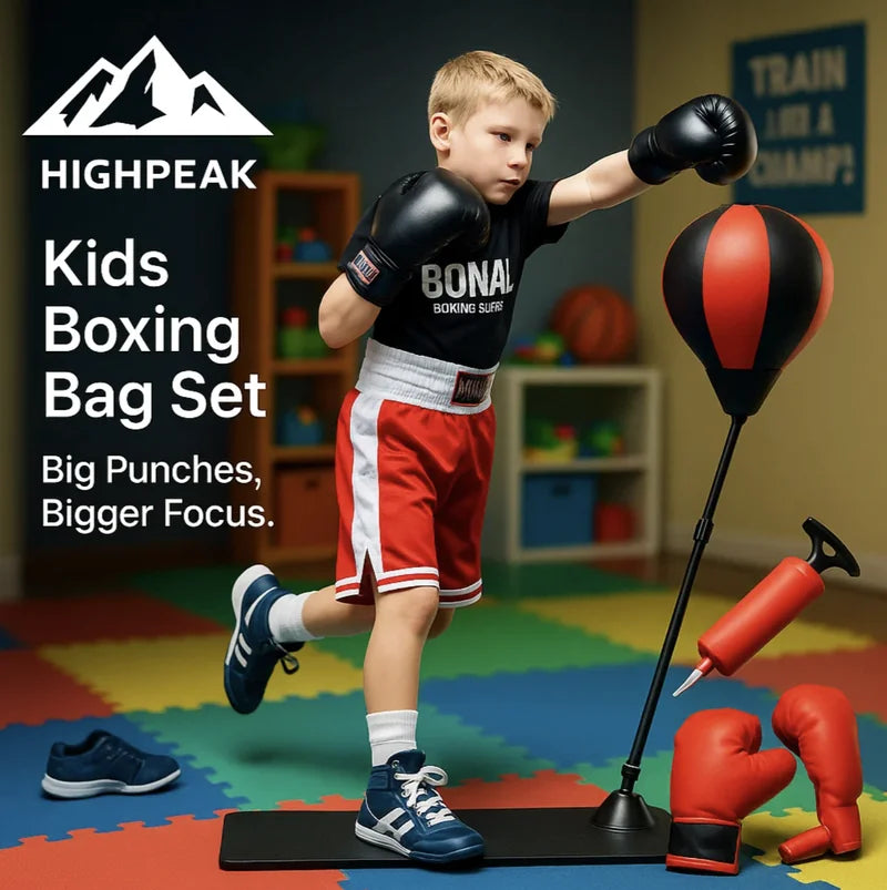 HighPeak Kids Boxing Bag Set with adjustable stand, red and black punching ball, gloves, and pump in colorful playroom.