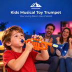 A young boy in a red shirt plays an orange and blue Highpeak kids' musical toy trumpet in a living room, with a smiling father and mother in the background. The image features a blue banner at the top with the Highpeak brand logo and product name.