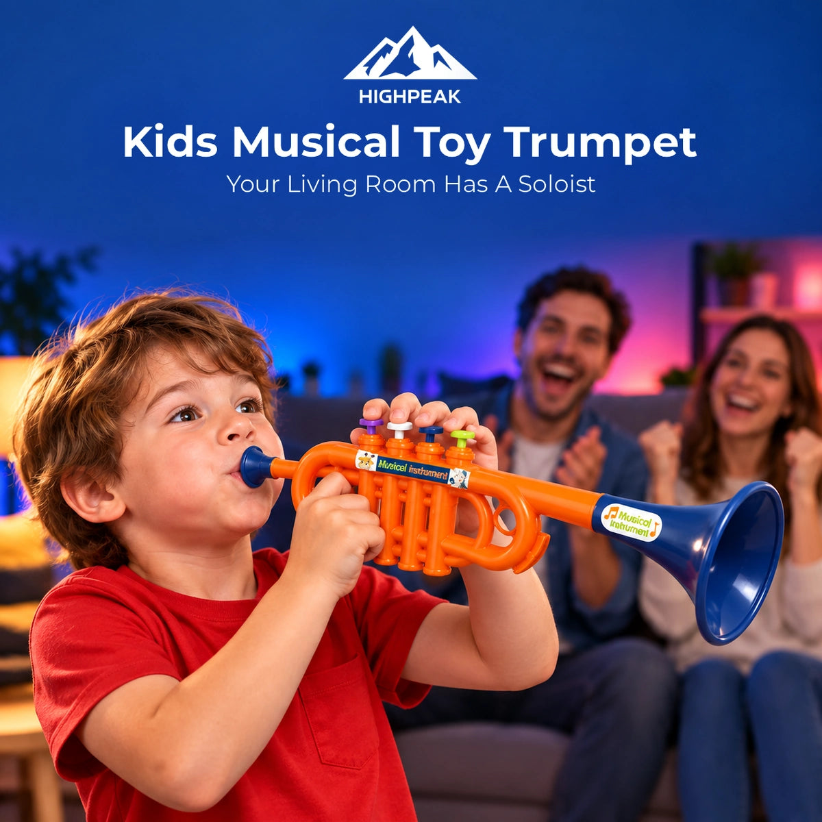 A young boy in a red shirt plays an orange and blue Highpeak kids' musical toy trumpet in a living room, with a smiling father and mother in the background. The image features a blue banner at the top with the Highpeak brand logo and product name.