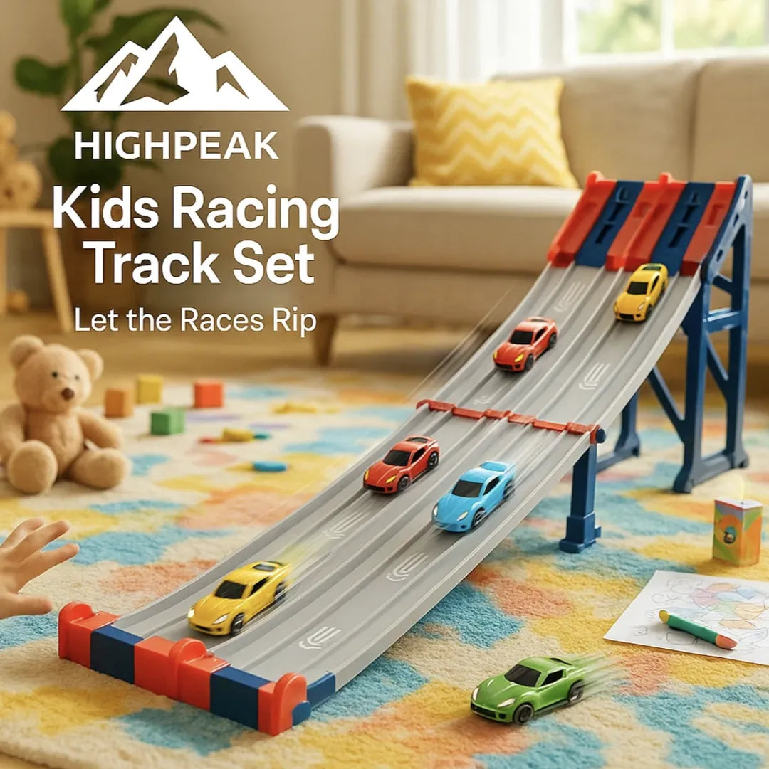 Track Racer Kids HighPeak Kids Racing Track Set – 2-Track Launcher with 4 Cars Included