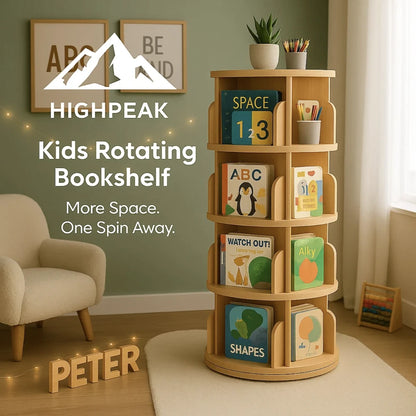 HighPeak Kids Rotating Bookshelf Tower in natural wood with colorful kids’ books in a cozy nursery corner setup