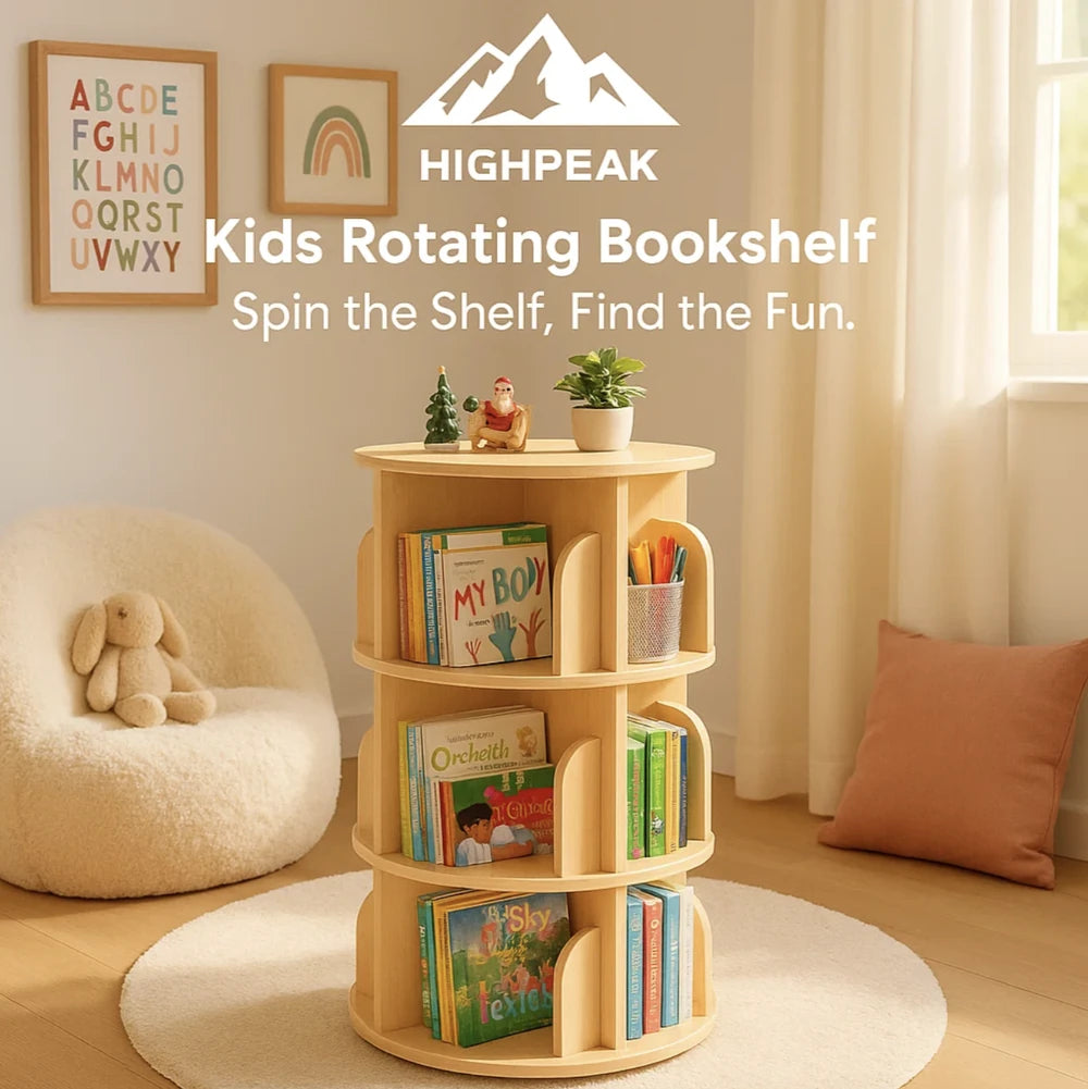HighPeak Kids Rotating Bookshelf Tower in light wood with 3 tiers, holding kids’ books in a cozy nursery corner.