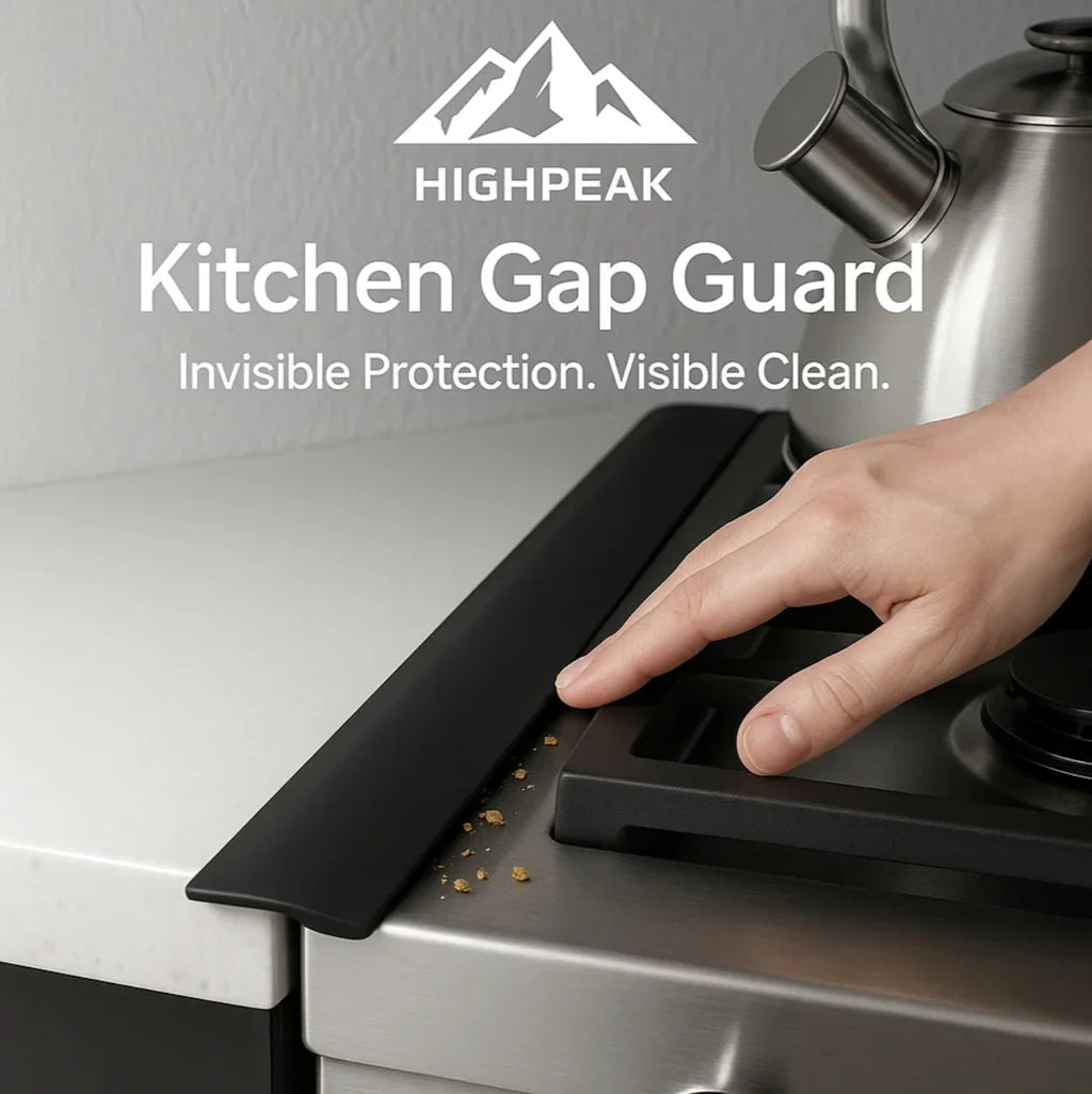 HighPeak Kitchen Gap Guard 2pcs black silicone stove counter covers blocking crumbs in a modern kitchen setting