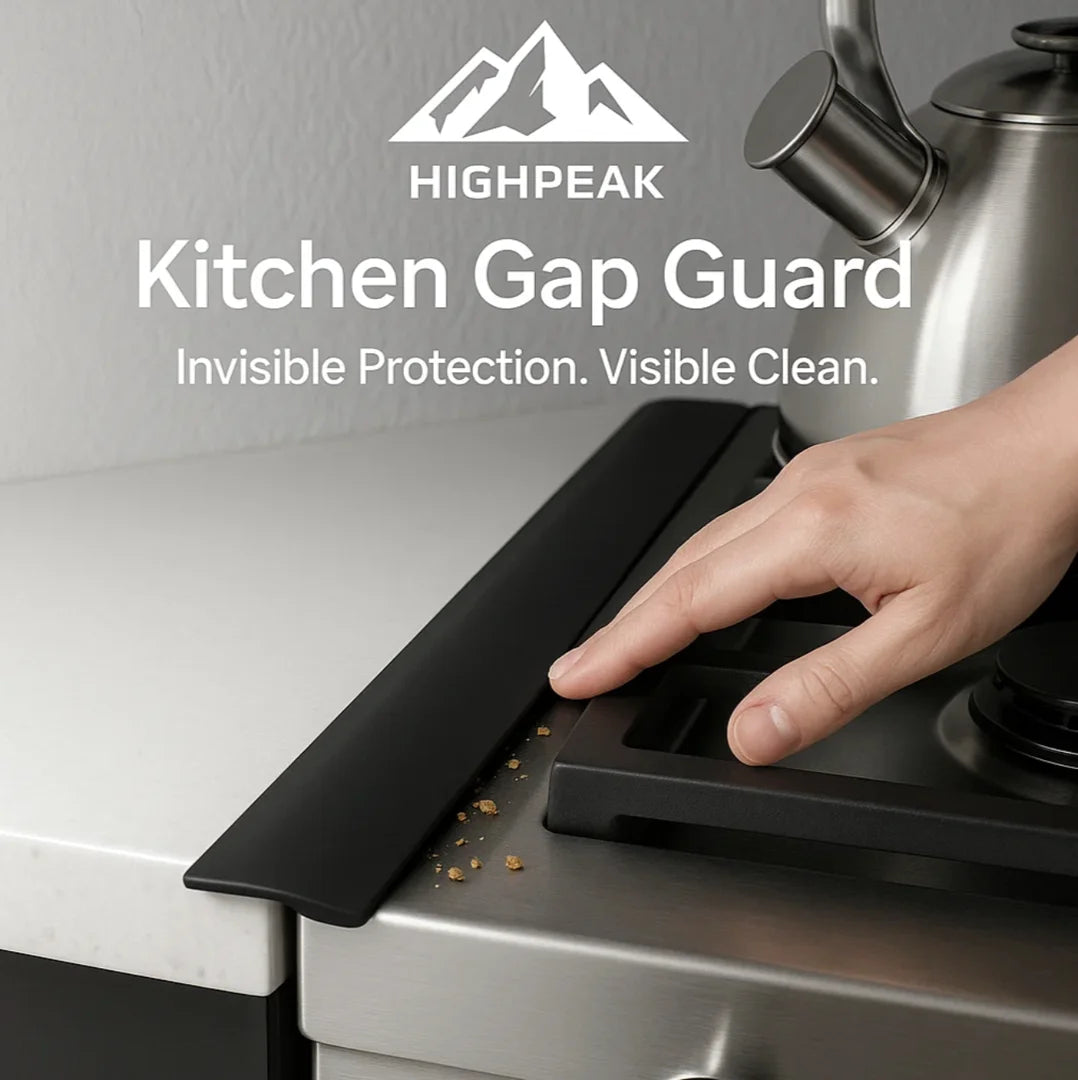 HighPeak Kitchen Gap Guard 2pcs black silicone stove counter covers blocking crumbs in a modern kitchen setting