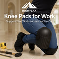 HighPeak Knee Pads for Work in black with thick EVA foam worn on knees while kneeling on hard floor indoors