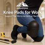 HighPeak Knee Pads for Work in black with thick EVA foam worn on knees while kneeling on hard floor indoors