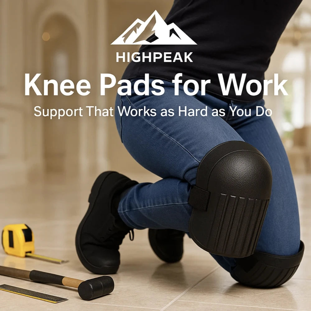 HighPeak Knee Pads for Work in black with thick foam shown kneeling on tile floor with tools nearby