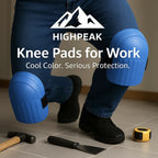 HighPeak Knee Pads for Work in blue with thick EVA foam worn on knees over tile floor for joint protection