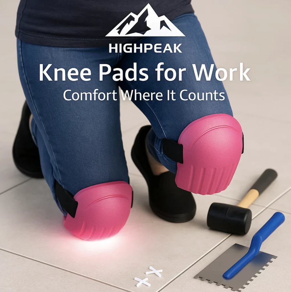 HighPeak Knee Pads for Work in pink with thick EVA foam, slip-on design worn kneeling on tile floor with tools nearby
