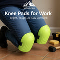 HighPeak Knee Pads for Work in bright green with strap-on design worn on knees over tile floor for protection