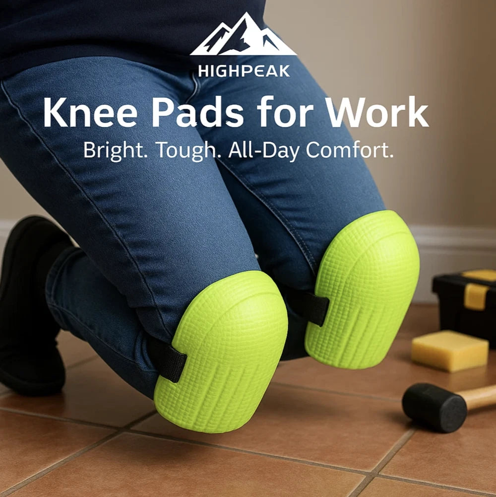 HighPeak Knee Pads for Work in bright green with strap-on design worn on knees over tile floor for protection