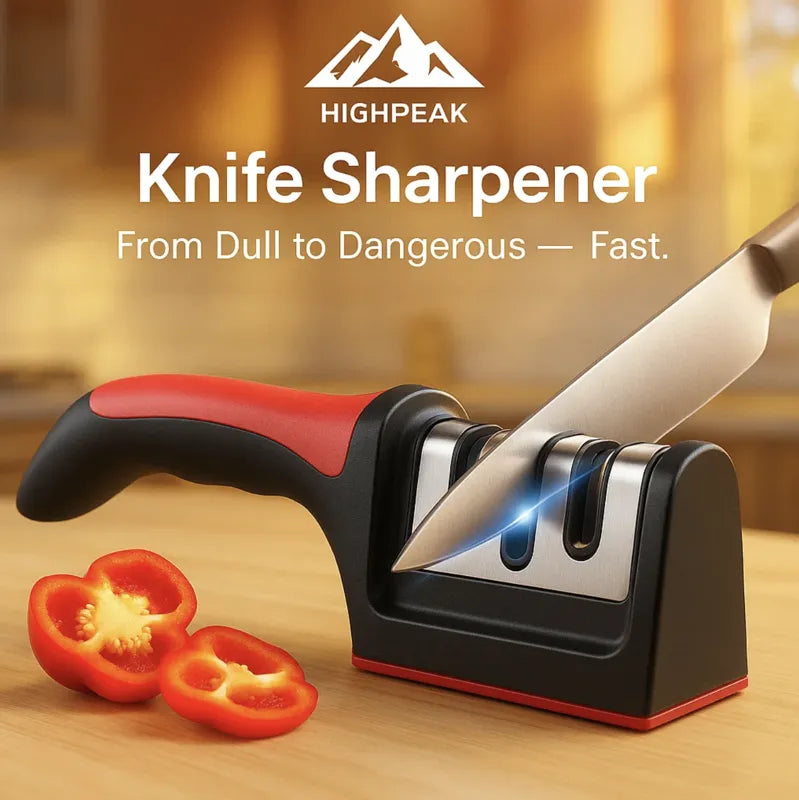 HighPeak Knife Sharpener with red ergonomic handle sharpening a kitchen knife next to sliced red bell pepper on wood surface