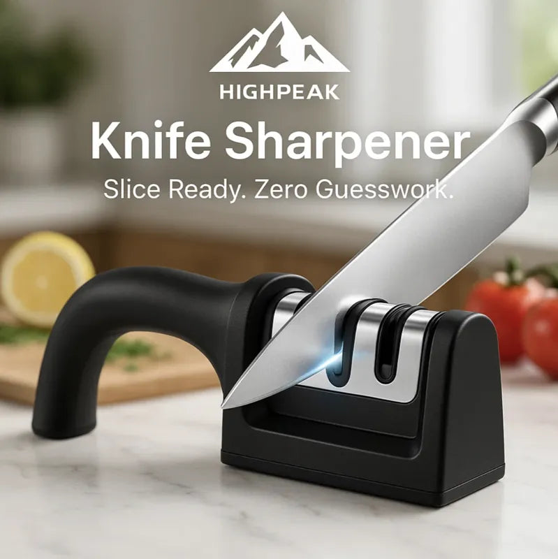 HighPeak Knife Sharpener in black with ergonomic handle sharpening a kitchen knife on a marble counter.