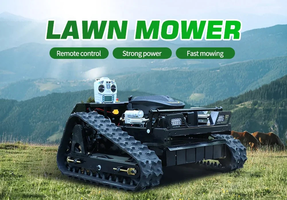 HighPeak Self-Driving Lawn Mower with tracked crawler wheels on grassy hillside, remote controlled for rough terrain mowing