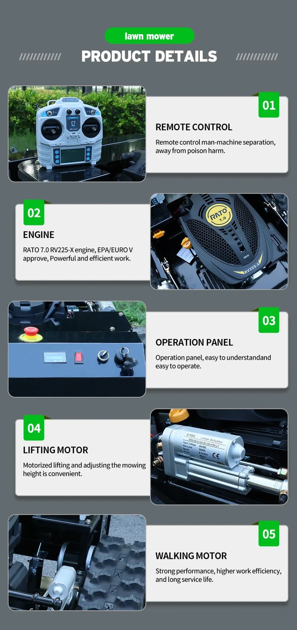 HighPeak Self-Driving Lawn Mower remote control, powerful engine, operation panel, lifting motor, and walking motor close-up details