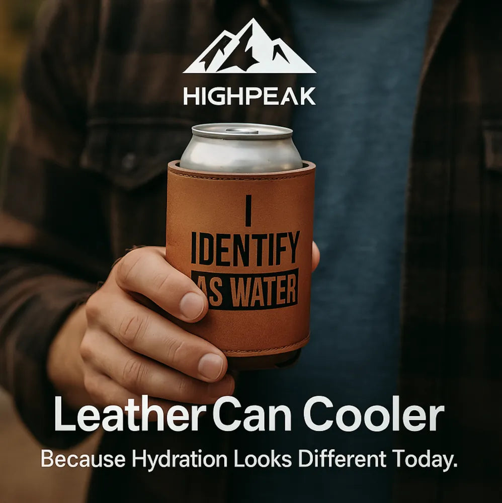 HighPeak “I Identify As Water” Leather Can Cooler in brown faux leather held by a person wearing dark clothing