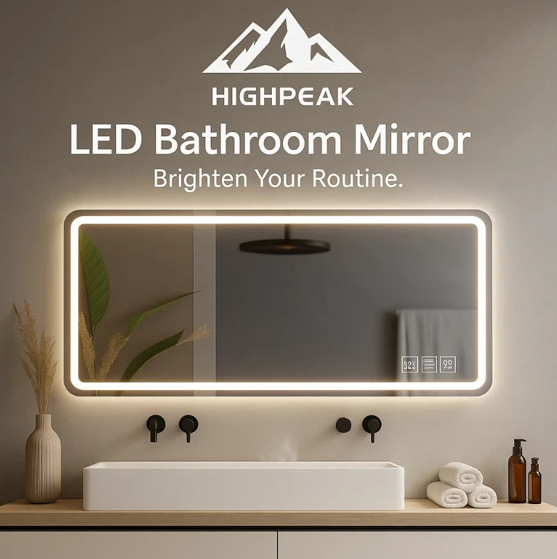 HighPeak LED Bathroom Vanity Mirror with backlit dimmable LED lighting above modern sink in stylish bathroom