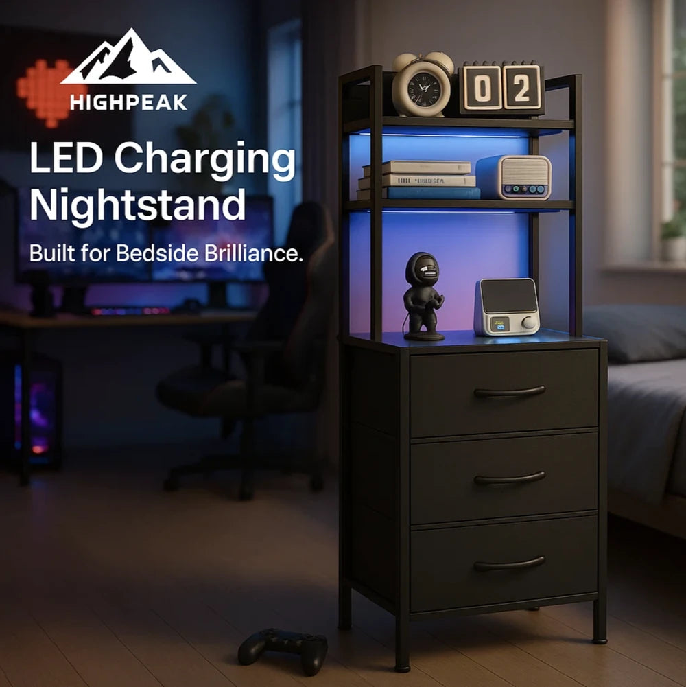 HighPeak LED Charging Nightstand in black with RGB lighting, three drawers, and bedside charging station in bedroom setting