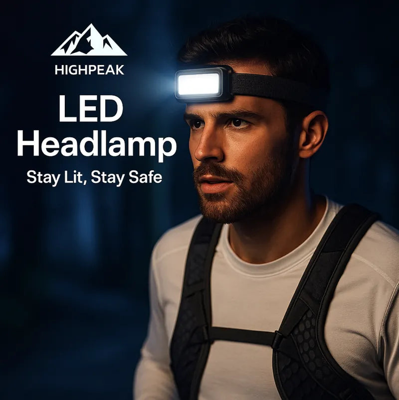 HighPeak LED Rechargeable Headlamp worn by man at night with bright white light for hands-free outdoor use
