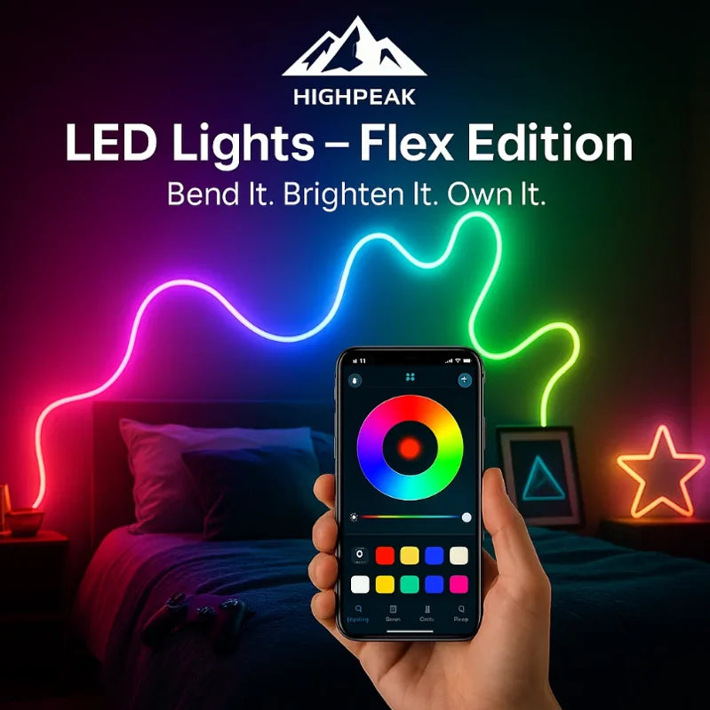 HighPeak LED Lights - Flex Edition colorful flexible strip shaped on dark wall, app-controlled in hand with smartphone color wheel.
