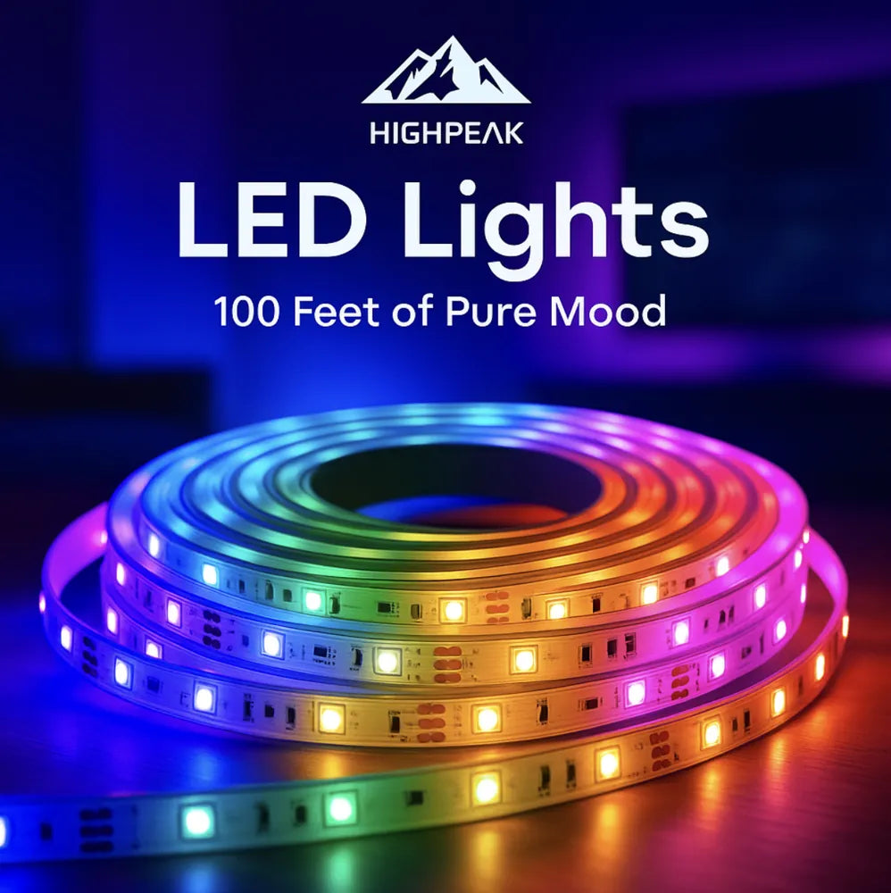 HighPeak LED Lights - 100 Feet multicolor strip coiled on a surface, showcasing vibrant customizable lighting effects.