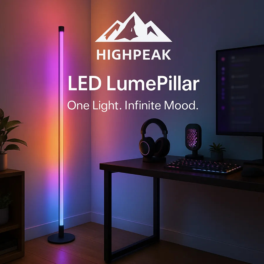 HighPeak LumePillar™ RGB Lamp Pillar glowing with vibrant color gradients in a modern gaming and workspace setup