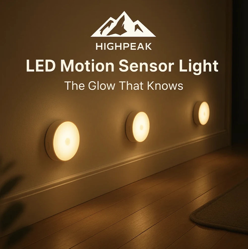 HighPeak LED Motion Sensor Light glowing warm on a hallway wall with wooden floor in a dark home setting